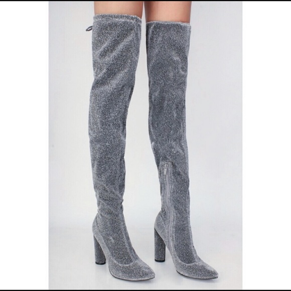 heavenlyscloset Shoes Shimmery Silver Glitter Thigh High Boots